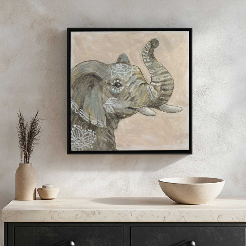 Motif d'éléphant par Sara G Designs, reproduction d'art, L 30 po x H 30 po, Noir, Toile avec cadre