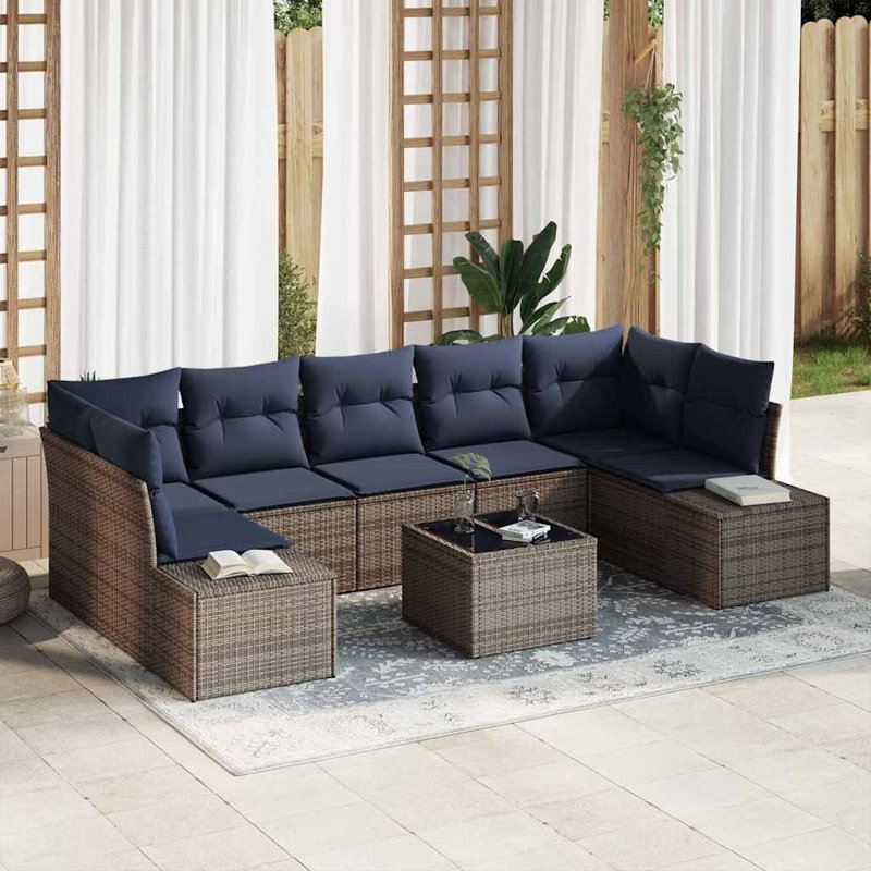 Ensemble de canapé vidaXL avec coussin 8 pièces synthétique gris: rotin de polyester, Coussin bleu marine / structure grise