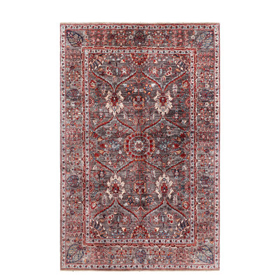 Tapis rouge / gris en laine noué à la main de conception unique 5 pi 10 po x 9 pi 1 po