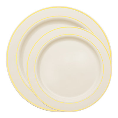 Assiettes en plastique ivoire à bordure dorée, ensemble de 120 pièces