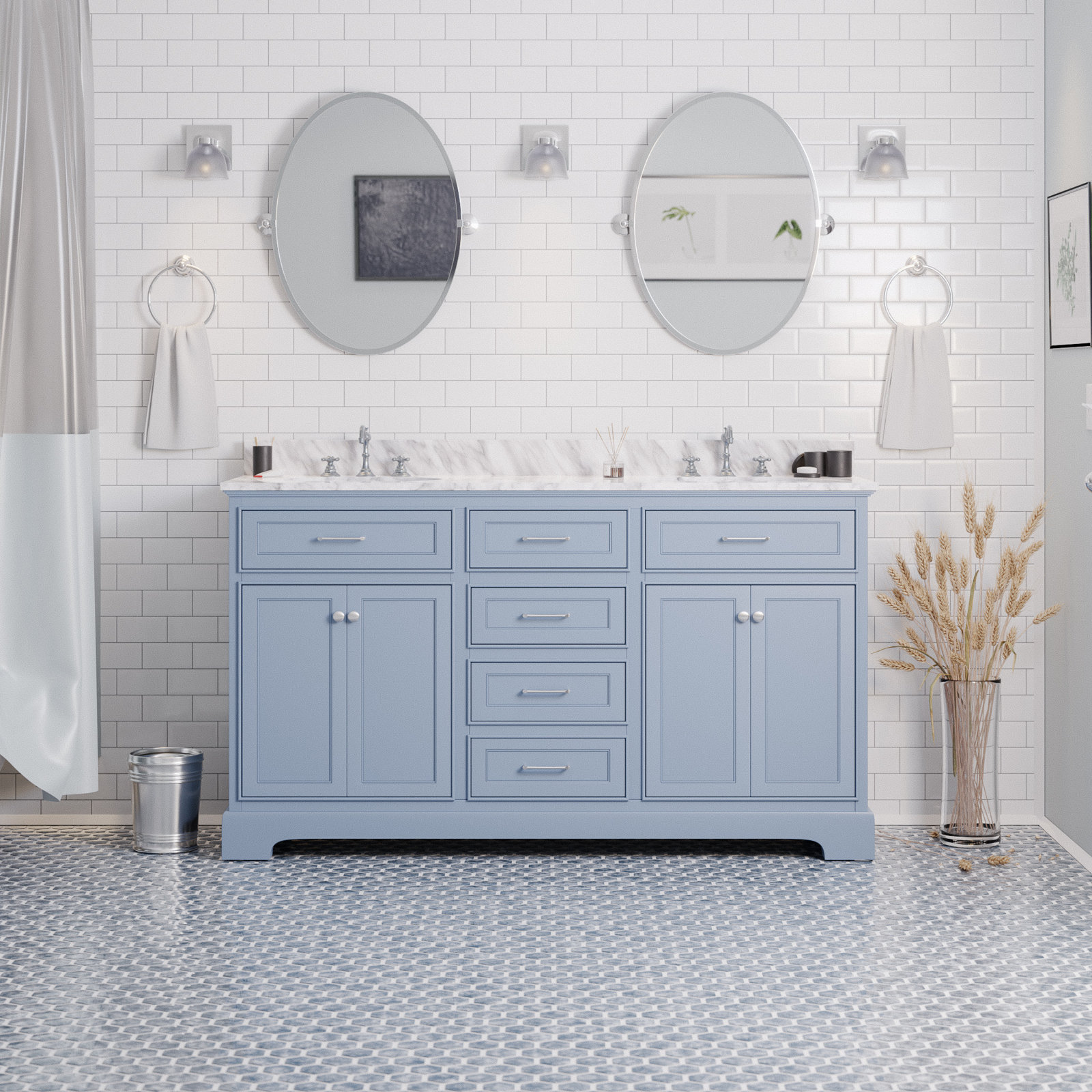 Ronnie 60'' Double Bathroom Vanity, Carrara Marble, Powder Blue