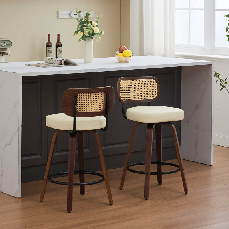 Set Of 2 Counter Height Bar Stools - 26 Inch Rattan Counter Height Stools With Cane Back, Upholstered Seat, Walnut Craftsmanship, Swivel Counter Stools For Island/Kitchen/Counter/Bar