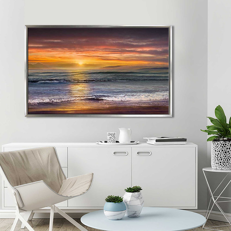 «Sundown Descanso Beach», reproduction d'impression sur toile, H 39,5 po x l 63,5 po x P 2 po, Cadre flottant argent