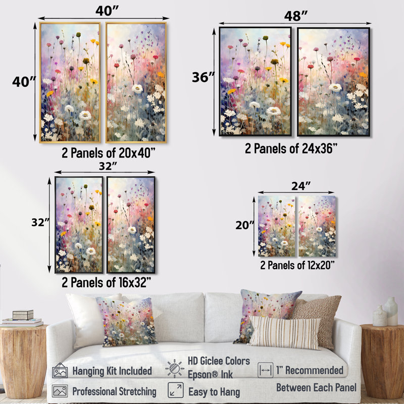 «Wildflowers Wander Meadows» - art mural blanc, H 36 po x l 48 po, Impression encadrée flottante, Brun