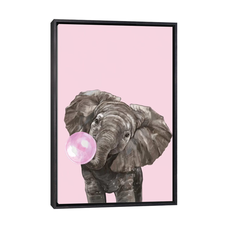 Art d’éléphant de gomme à bulles, Toile avec cadre noir patiné, H 48 po x l 32 po x P 1,5 po