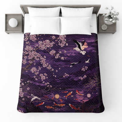 Cherry Blossom Cranes Koi Quilted Bedspread All Sizes
