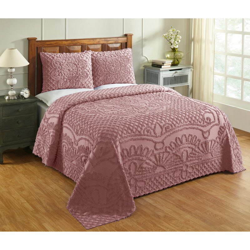 Ensemble de couvre-lit en chenille Trevor de très grande taille, ensemble de couvre-lit 100% coton avec 2 taies décoratives standard, literie traditionnelle héritage texturée, confort doux et respirant toutes saisons, certifié OEKO-TEX, rose