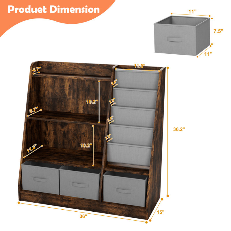 4 Tier Kids Bookshelf, Toddler Bookshelf And Toy Storage, Baby Wooden Bookcase With Drawers, 36.2'' H X 36'' W X 15'' D
