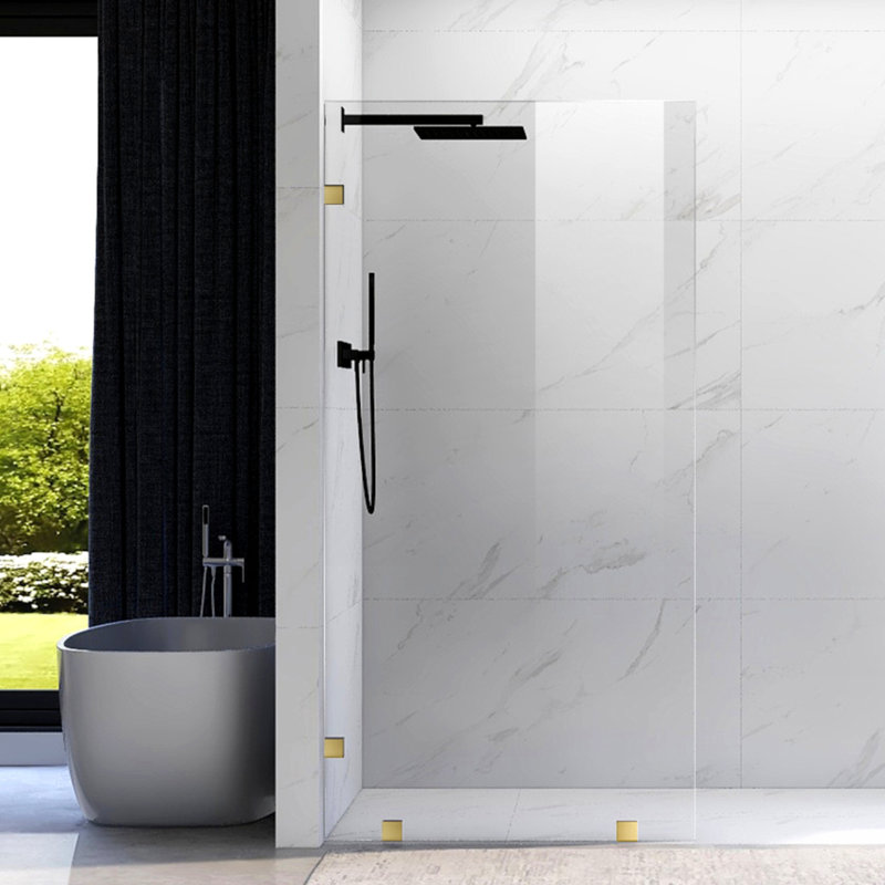 UKH07B2 44 in. W x 80 in. H Frameless Fixed Shower Glass Panel in Satin Brass with 3/8 in. Clear Tempered Glass, Satin Brass