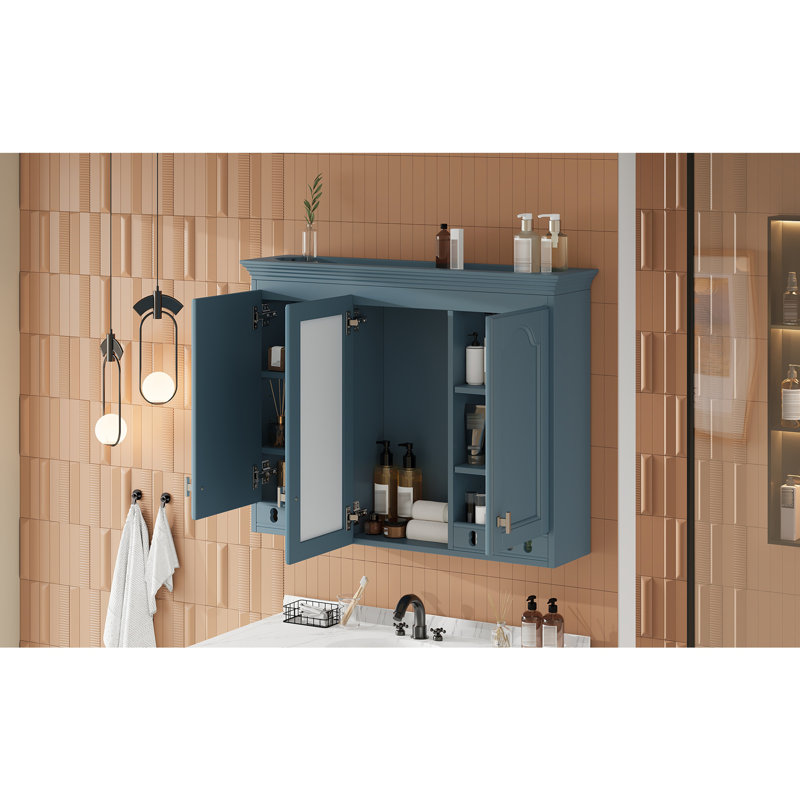 Armoire à miroir murale 35 pouces tout-en-un avec tablettes réglables, charnières à fermeture en douceur, Bleu