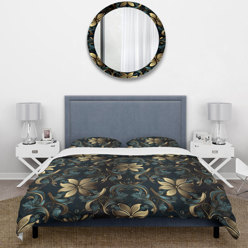 Ensemble de housse de couette damassé or et bleu Luxury Damask Symphony I, Housse de couette simple + 1 taie décorative stan