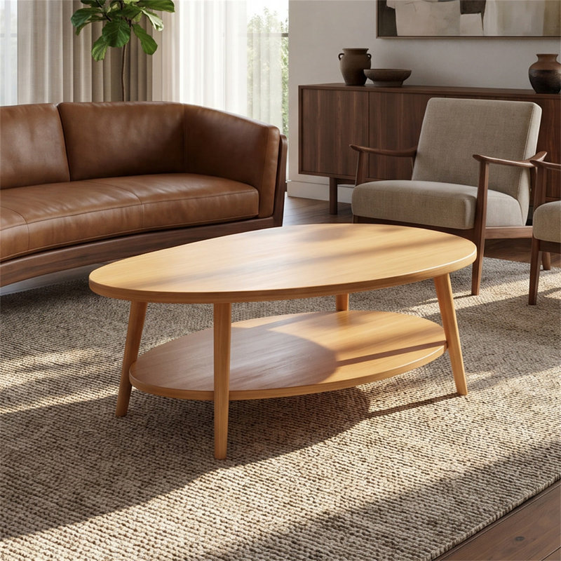 Table basse en forme de mangue, avec tablette de rangement, 4 pieds ronds, structure en bois, bois naturel, Chêne