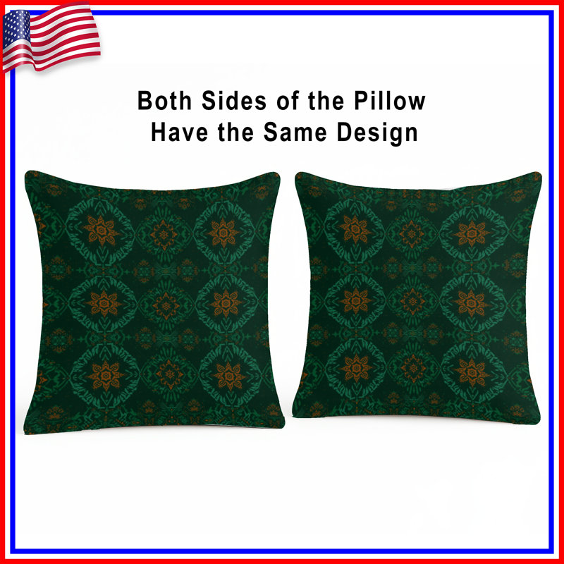 Coussins décoratifs verts à motif ornemental double face, 16 x 16 pouces