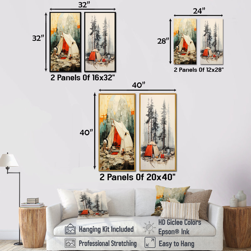 Minimalisme camping voyage collage - camping voyage impressions sur toile ensemble de 2, Cadre flottant blanc