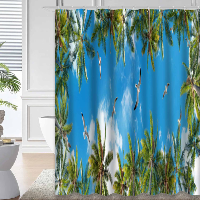 Rideau de douche Flying Seagulls Palm Trees Sky Beach Beautiful Bird Blue Coast Day avec 12 crochets, L 72 po x l 72 po