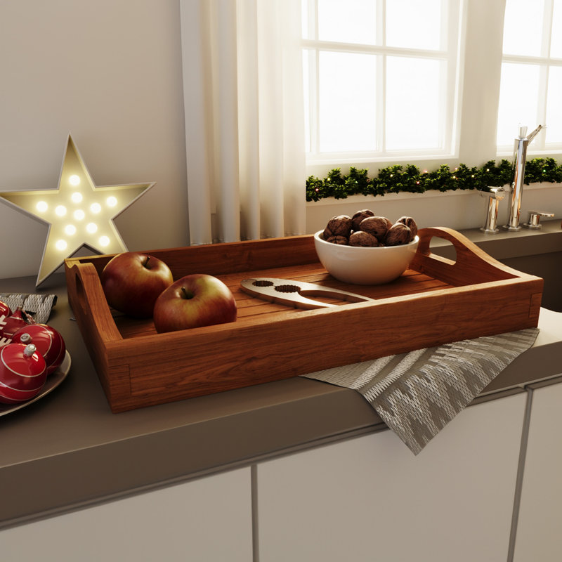 Natural Teak Wood Rectangular Serving Tray with Cut Out Handles