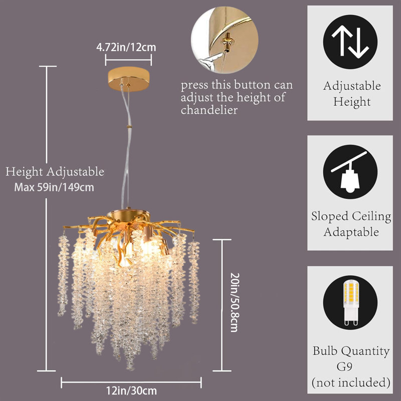 Modern Gold Tree Branch Crystal Chandelier, 12", G9 (No Bulb)