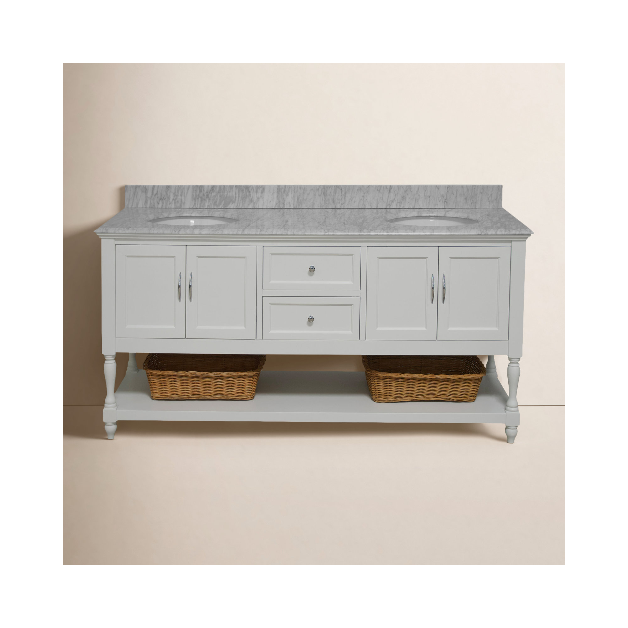 Hampton 72'' Double Bathroom Vanity, White, Carrara Marble
