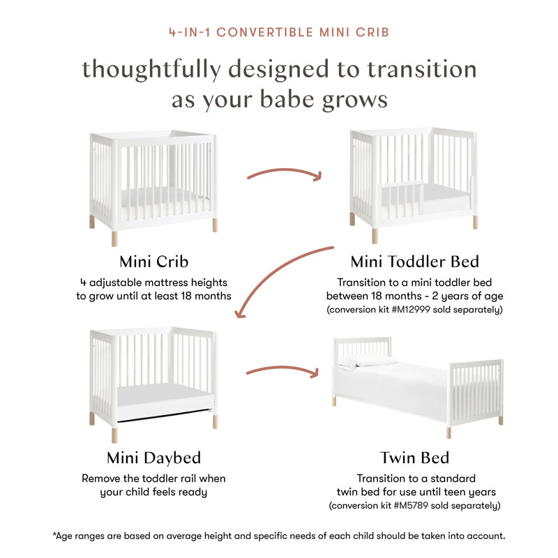 Gelato 4-in-1 Mini Convertible Crib, White/Washed Natural