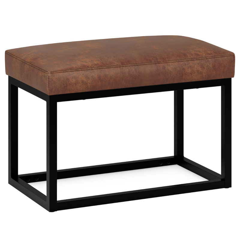 Reynolds 26"W Vegan Leather Contemporary Small Ottoman Bench with Cushioned Seat and Metal Base, Distressed Saddle Brown