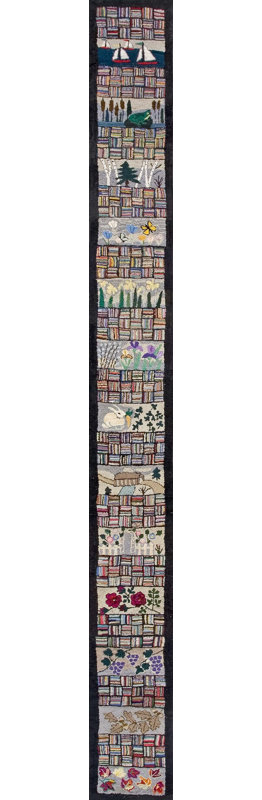 Antique American Scenic Pictorial Folk Art Design Long Hallway Runner Hooked Rug