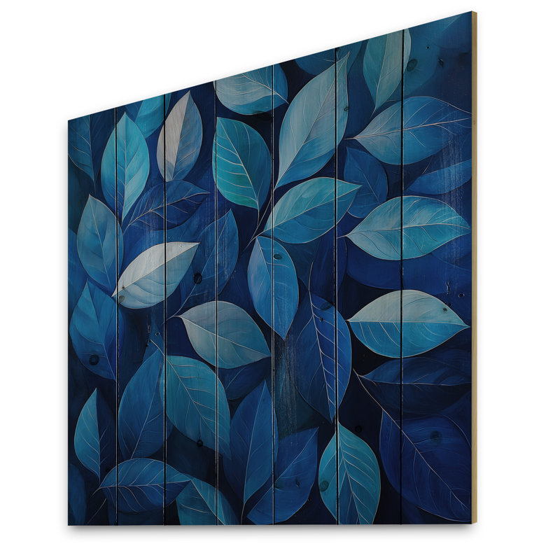 Feuilles de cobalt, collage clair de lune I - décoration murale en bois de feuilles - sur bois de pin naturel
