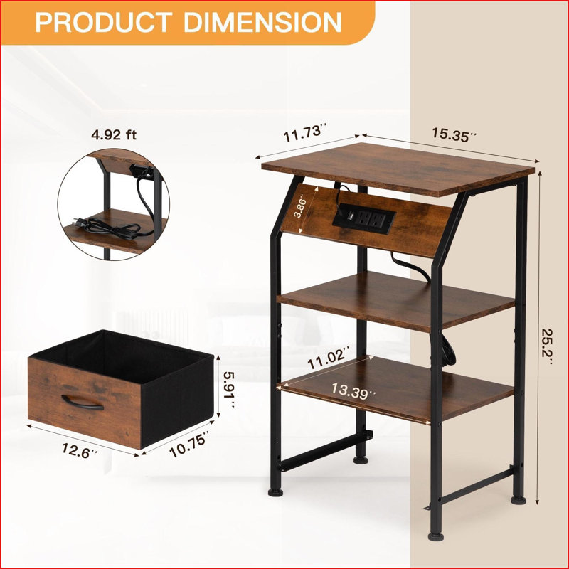 Table de chevet rustique avec rangement, ports USB et amp; Lumières DEL pour chambre à coucher / bureau, Individuel