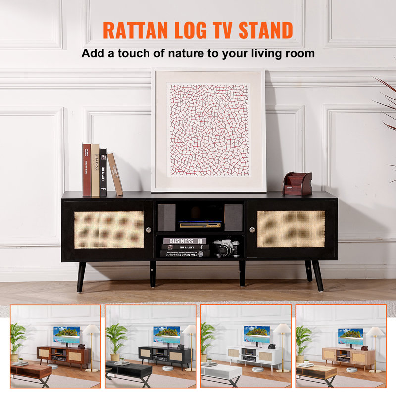 Black Rattan TV Stand with Cabinet for 65 inch TV
