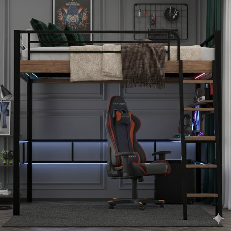 Lit mezzanine double en métal noir avec éclairage à DEL intégré, bureau intégré, tablette de rangement et échelle