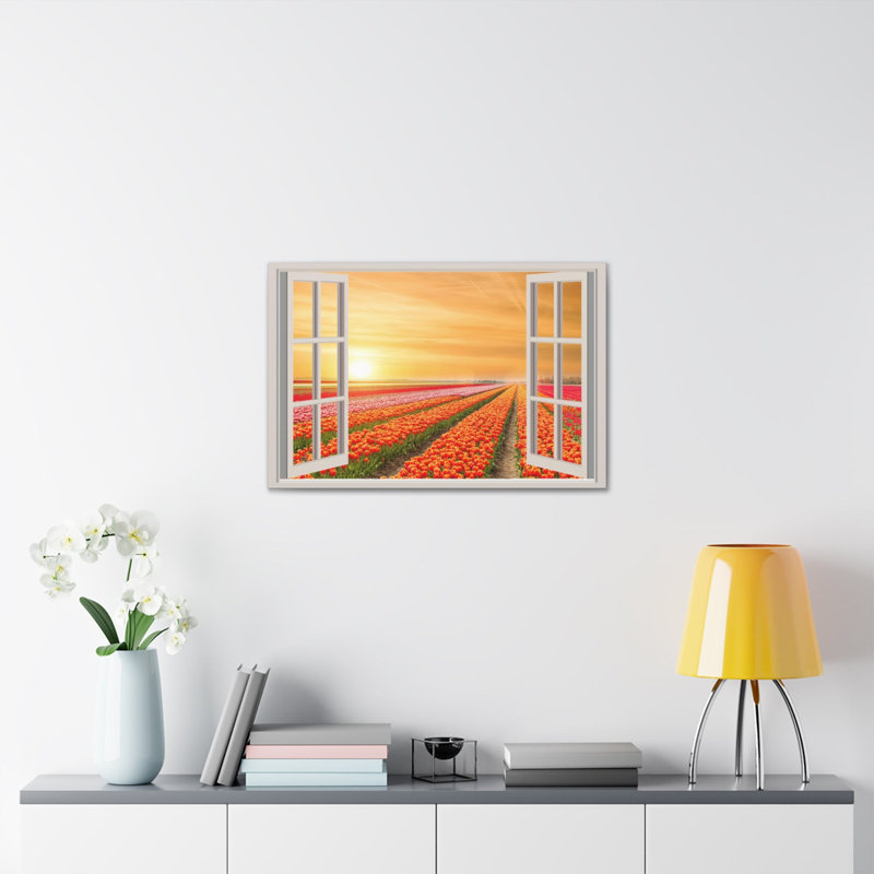 Impression sur toile, art mural, fenêtre, champ de fleurs, photographie de la nature, réalisme, paysage, H 18 po x l 24 po
