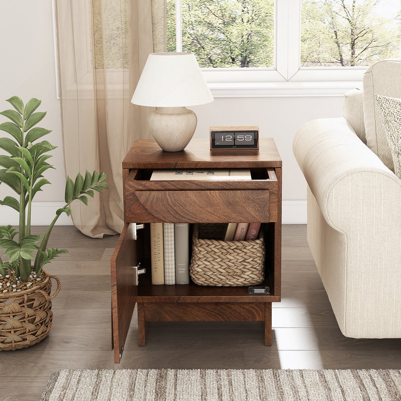 Table de chevet en bois avec 1 tiroir, finition noyer