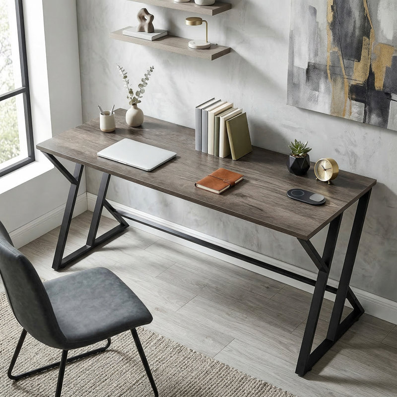 Bureau d'ordinateur de 55 pouces, bureau d'écriture industriel avec pieds en métal en forme de Z, table d'étude pour bureau à domicile, chambre à coucher, petits espaces, gris vieilli