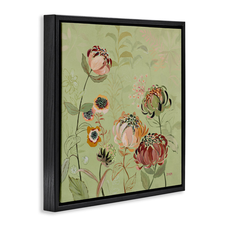 Chrysanthèmes enroulés sur cadre flottant vert, design par Dusza, Cadre flottant noir de jais, H 18 po x l 18 po