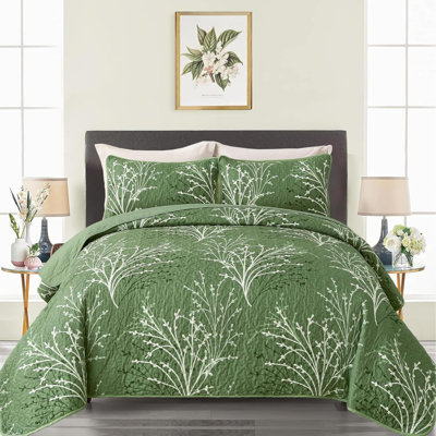 DJY Quilt Set King Size Branch Bedspread Coverlet Set 3 Piece Olive Floral Reversible Botanical Quilt Bedding Set With 2 Pillowcases Light Daybed Cover For All Season