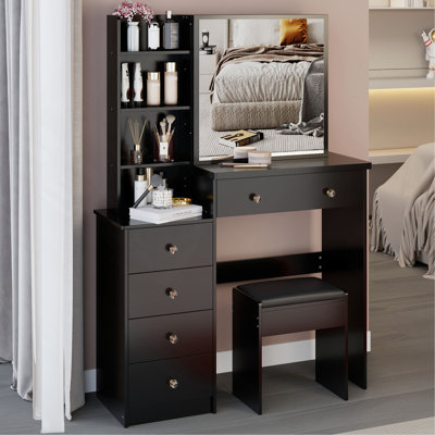 37" Middle Size Left Bedside Cabinet Vanity Table + Cushioned Stool, Extra Large Right Sliding Mirror, Multi Layer High Capacity Storage, Practical Fashionable Dresser, Suitable For Large Space