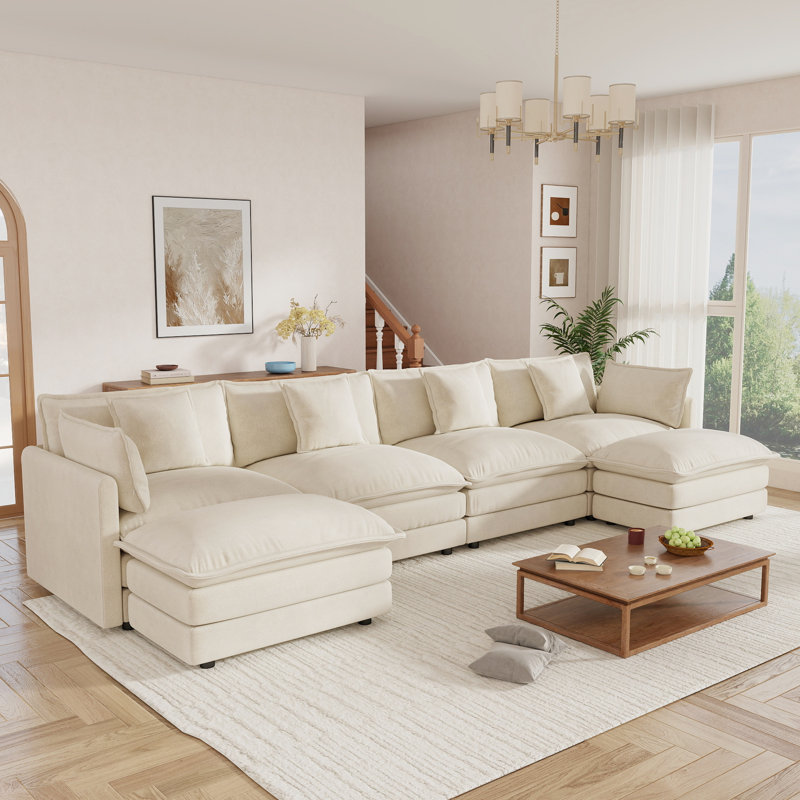 Canapé en U confortable avec méridienne réversible Hibbell, grand canapé modulaire en U modulaire, repose-pieds double supplémentaire