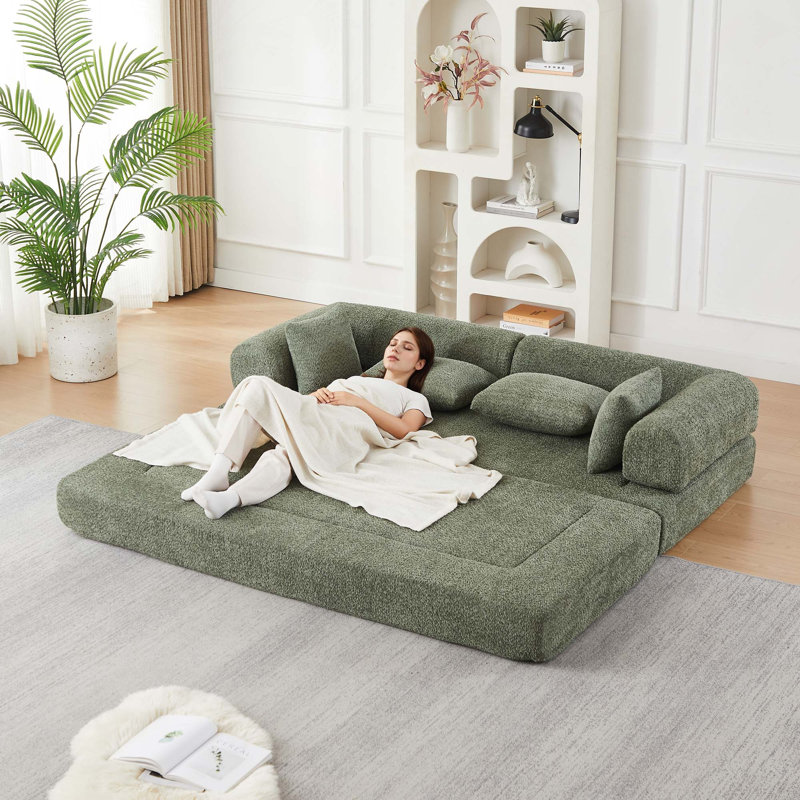 Canapé-lit convertible en chenille avec accoudoirs amovibles, Chenille verte