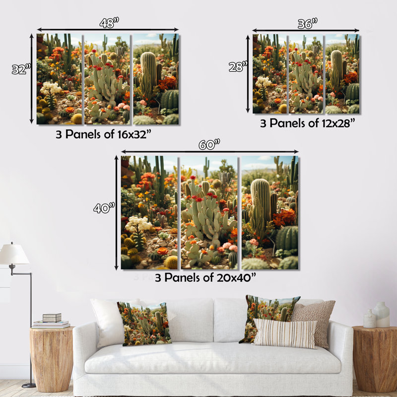 Corail vert cactus champ I sur toile, 3 pièces, H 28 po x l 36 po