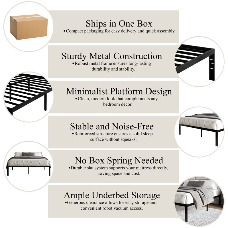 QUEEN SIZE METAL PLATFORM BED IN BLACK, Black, Queen