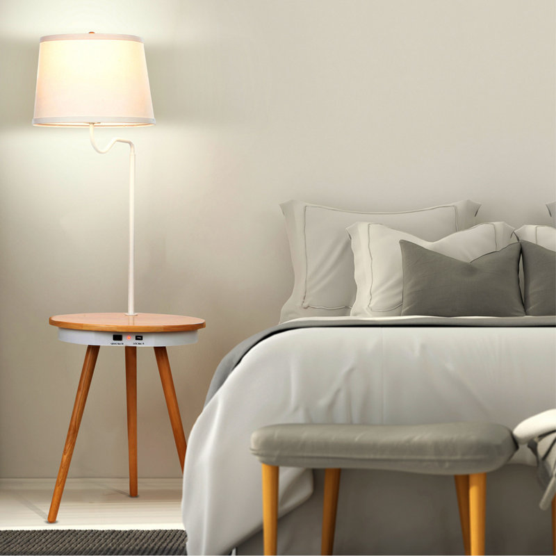 Owen 56 in. Mid-Century Modern LED Bedside Table Lamp with USB Port and Wireless Charging Pad - Bundle Set of 2, Natural