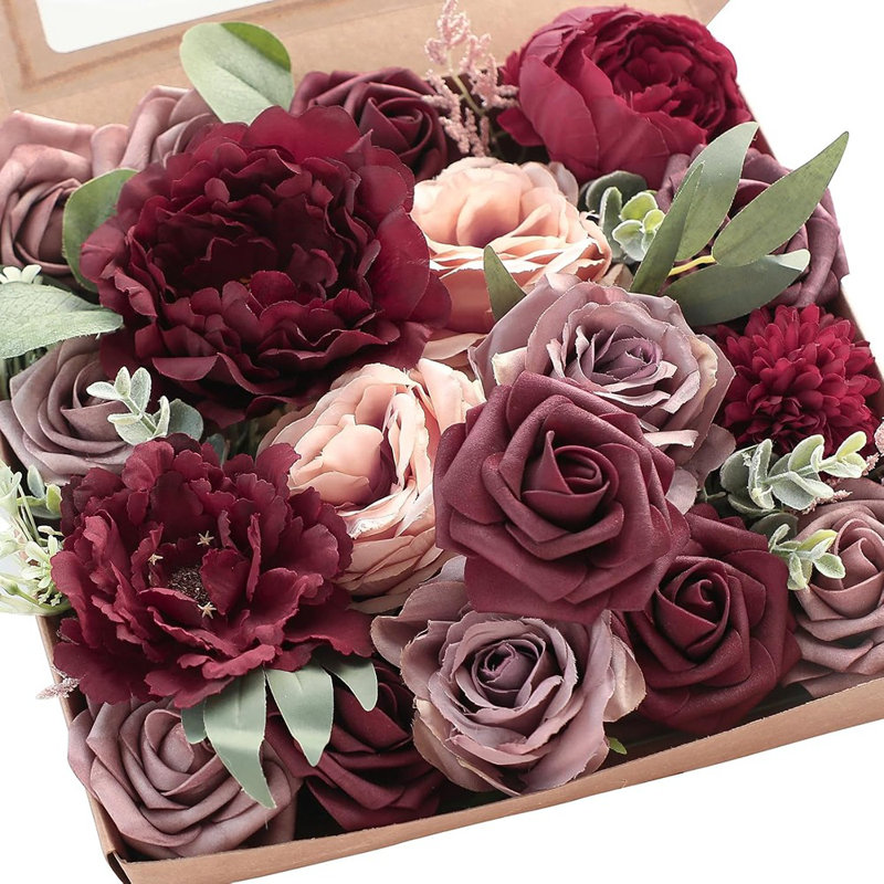 Fleurs artificielles Marsala, fausses roses, pivoines et verdure