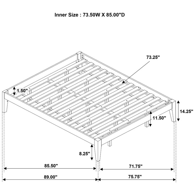 Très grand lit finition cappuccino, conception transitionnelle, configuration pin et bois franc asiatique, plateforme simple avec support à lattes, base, pour