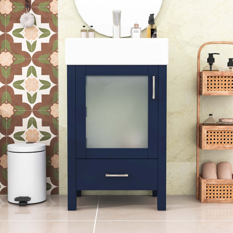 Meuble-lavabo de salle de bain avec lavabo et tiroirs, Bleu