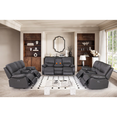 Aspelare 3 - Piece Genuine Leather Living Room Set(Two Recliner Loveseat + One Recliner Sofa)