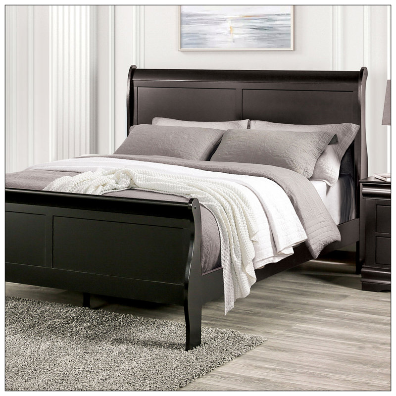 Lit-bateau double, finition noire, style Louis Philippe, pieds de support, structure en bois, Noir, Full