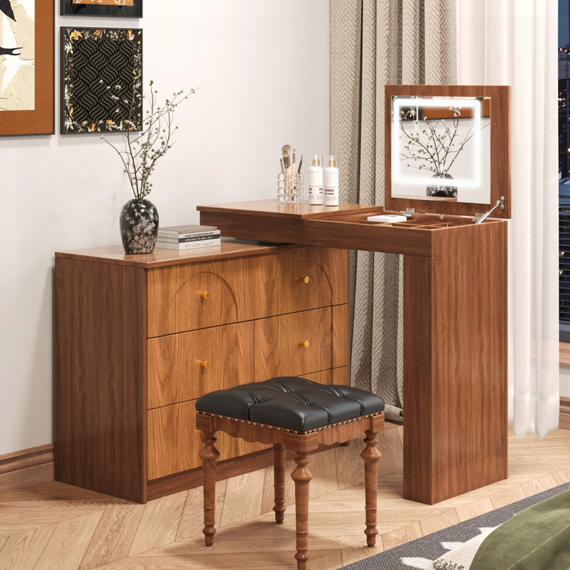Bureau de coiffeuse avec miroir et lumières, Noyer