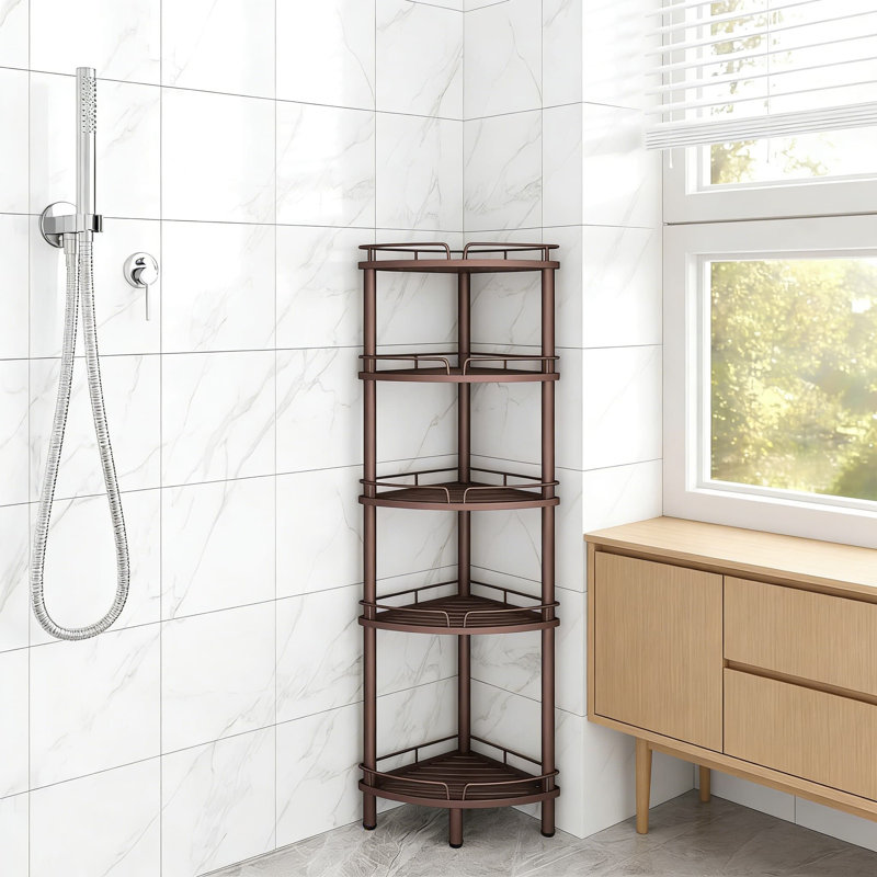 Serviteur de douche en coin autoportant, organisateur de salle de bain en métal antirouille à 4 niveaux avec pieds réglables, porte-savon et crochets pour le rangement de la douche