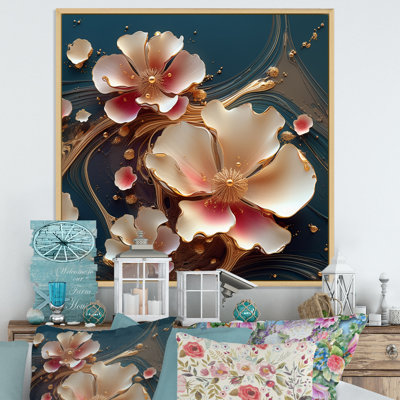 «Blooming Pink Magnolia Abstract Flower On Blue», reproduction sur toile