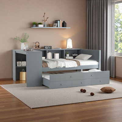 Daybed With Trundle, Wood Day Bed Frame With Storage Drawers And Side Shelves, Daybed With Desk, No Spring Box Needed