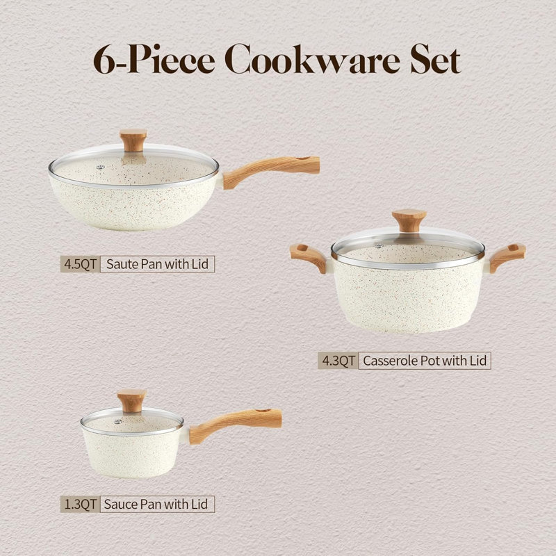 Batterie de cuisine antiadhésive en aluminium 6 pièces, Blanc